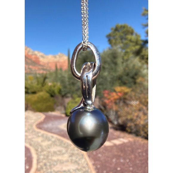 Vintage 18k Solid Gold Cultured Tahitian Black Pearl Pendant Necklace 12.3mm - Picture 10 of 13